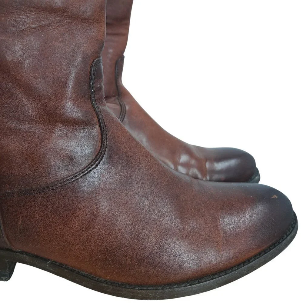 Frye Melissa Knee High Leather Brown Riding Boots Size 6.5 Distressed Snap Zip